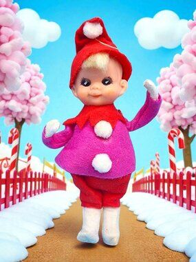 Vintage 1950s Pixie Elf Ornament Pink and Red Hat Pom-Poms Japan Felt Christmas